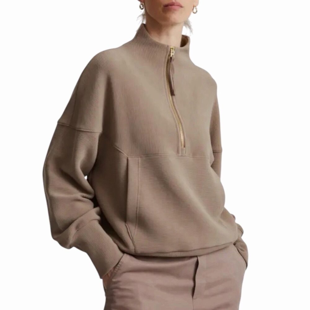 Varley Acadia Half Zip Pullover Sweater Ribbed Ottoman Knit Taupe Neutral Large